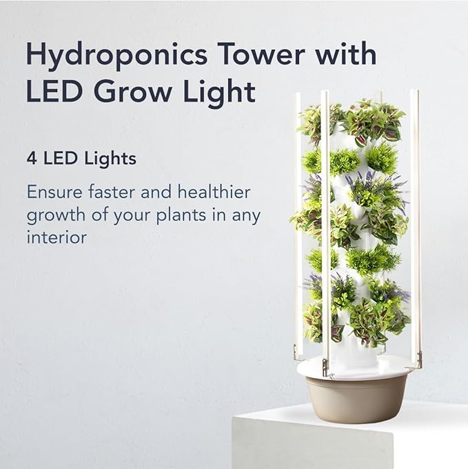 Flora Indoor Hydroponic Garden Tower with LED Grow Lights - Self-Watering Hydroponics System with Pump Adapter and Net Pots for Growing Herbs &amp Vegetables