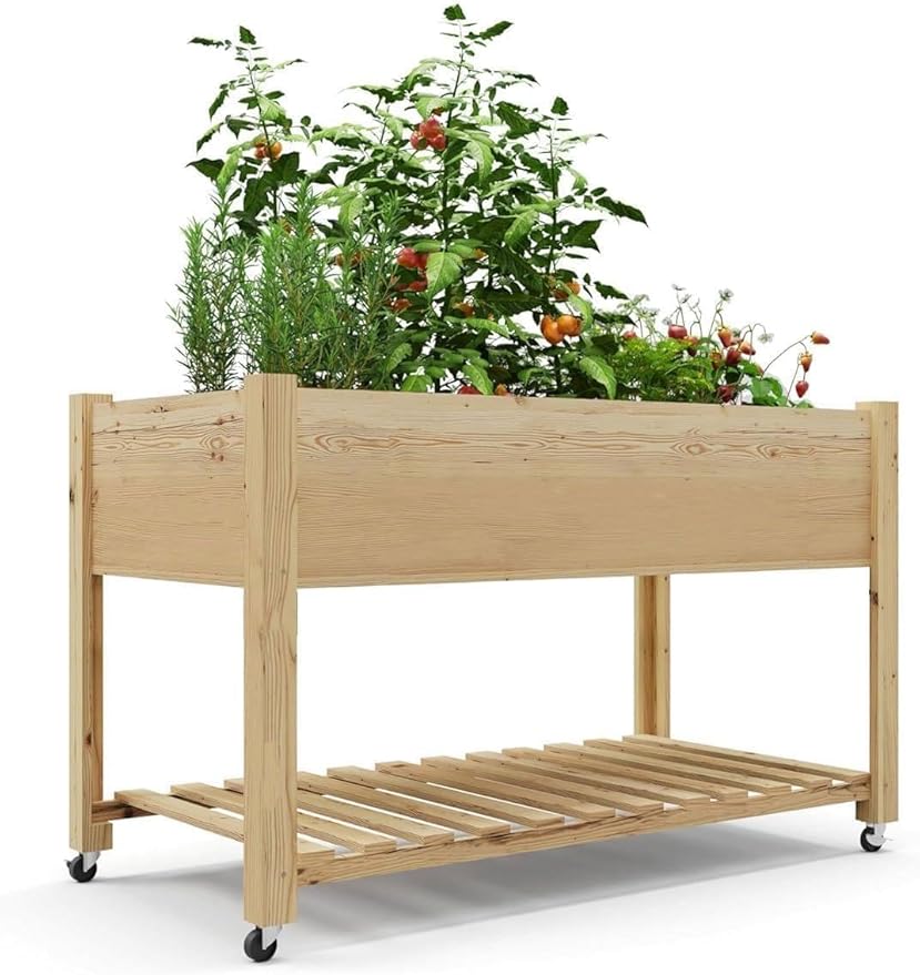 Raised Garden Bed with Wheels 48x24x30 Elevated Wooden Planter Box with Legs &amp Shelf Mobile Outdoor Garden Planters for Vegetables Flowers Patio Backyard Deck