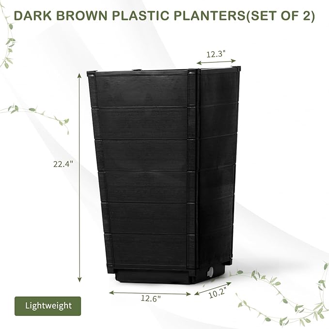 2 Pack Outdoor Garden Flower Standing Planter BoxOutdoor Tall Plastic Planter SetIndoor Outdoor Flower BedVertical Flower Pot Standwith Drainage Holesfor Patio Porch Yard Balcony (Dark Brown)