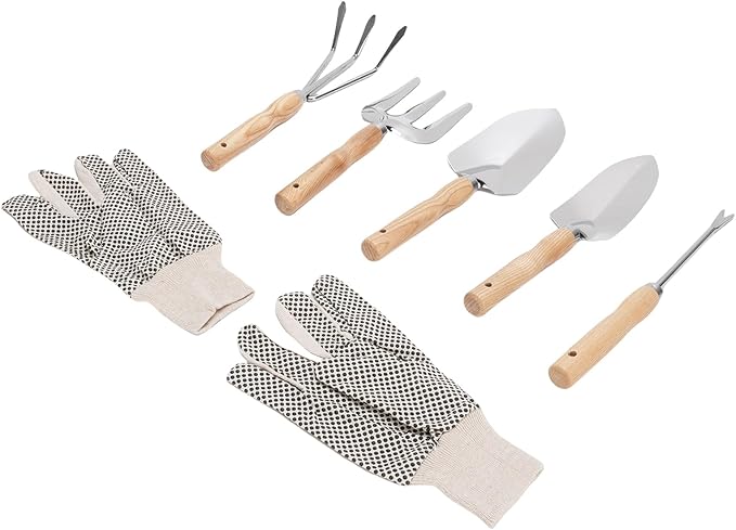 7pcs Gardening Hand Tools Set Stainless Steel Shovel Trowel Weed Puller Hand Fork with Wooden Handle for Weeding Planting Shoveling