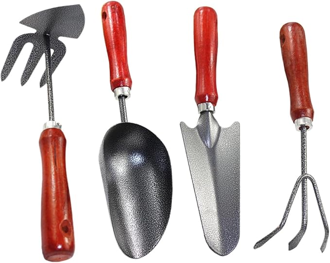 HEMOTON 4pcs Garden Tool Set with Small Trowel Narrow Shovel Three-Prong Rake and Dual-use Hoe for Gardening and Planting Sturdy Metal Construction for Soil Digging and Transplanting