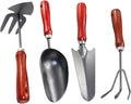 HEMOTON 4pcs Garden Tool Set with Small Trowel Narrow Shovel Three-Prong Rake and Dual-use Hoe for Gardening and Planting Sturdy Metal Construction for Soil Digging and Transplanting