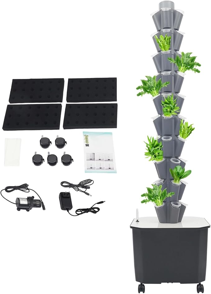10 Layer Hydroponic Towers Growing System 50 Pods Hydroponic Grow Towers Kit with Water Pump and Movable 11.89Gal Water Tank Indoor/Outdoor for Vegetable Strawberries Lettuce (Grey)