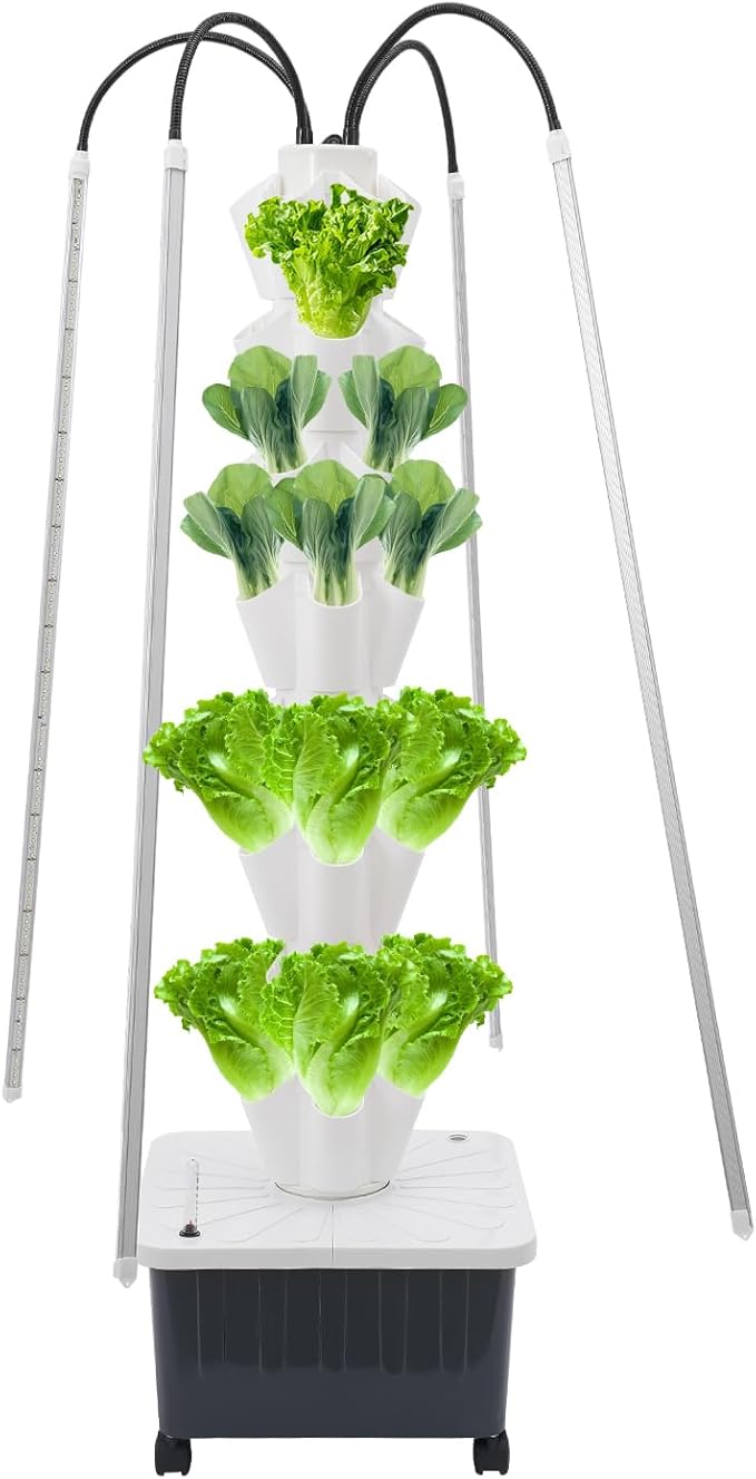 Hydroponic Growing System with Grow Lights 8 Layers Indoor Gardening System Vertical Planter Tower with 40 Pots for Vegetables Herbs (White)