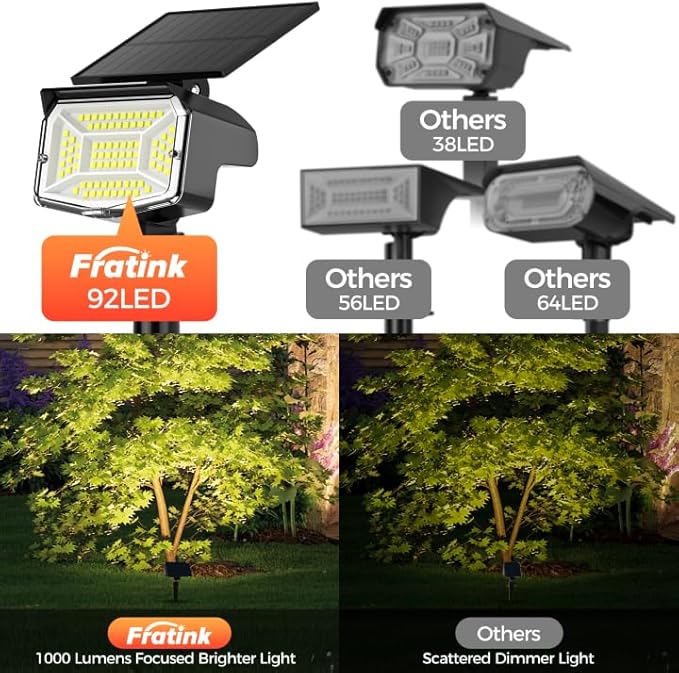 Large Solar Spot Lights Outdoor Waterproof IP67 1000 Lumens High Brightness 92 LEDs Solar Spotlight with 3 Lighting Modes Dusk to Dawn Solar Landscape Lights for Yard Garden (Cool White)- 2 Pack