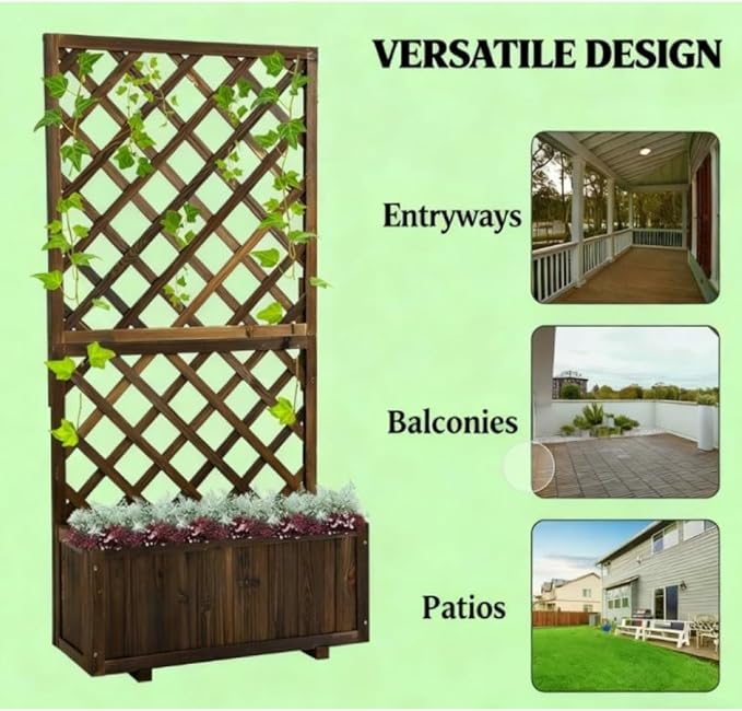 Raised Garden Bed Planter Box with Built-in Trellis and Drainage Holes for Vegetables Herbs and Climbing Plants (Brown + Wood)