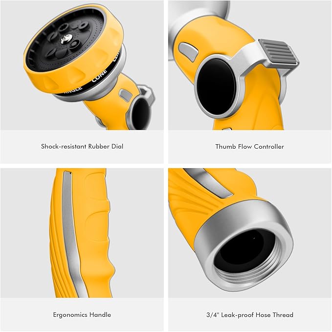 RESTMO Hose Nozzle Heavy Duty Metal Water Hose Sprayer for Garden 9 Spray Patterns | High Pressure | Thumb Flow Control | On/Off Valve Ideal for Lawn &amp Plant Watering Car &amp Pet Washing Ye