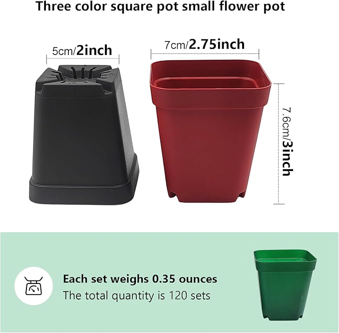 Square Plastic Nursery Pot 3 120 Pcs Deep Succulent Pots Small Flower Planter Seeds Starter Pots with Drainage (GreenBlackRed 40pcs Each2.7Inches)