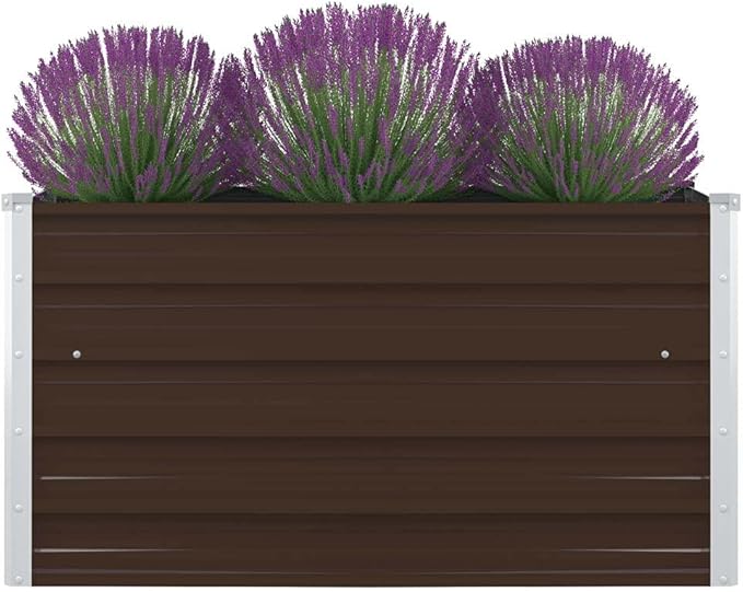 YAFF Raised Garden Bed Outdoor Square Metal Raised Bed Interior Support Brackets &amp Foldable Safety Edge Galvanized Steel Planter Box 39.4x39.4x17.7-Brown