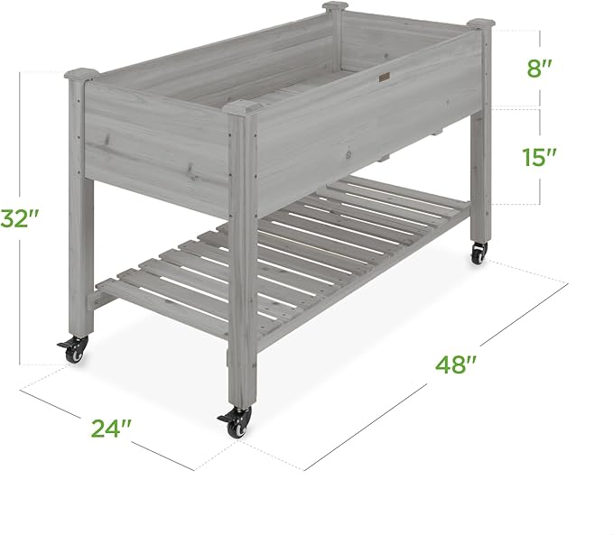Best Choice Products Raised Garden Bed 48x24x32-inch Mobile Elevated Wood Planter w/Lockable Wheels Storage Shelf Protective Liner - Gray