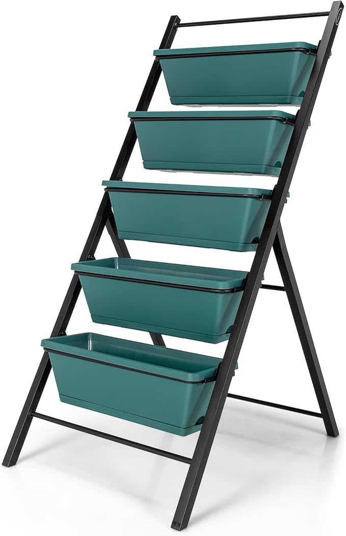 Giantex Set of 2 Vertical Planter Raised Bed Elevated Garden Beds with Water Drainage Hole Freestanding 5 Container Boxes for Herb Vegetables Flowers Growing Outdoor Indoor Patio Balcony