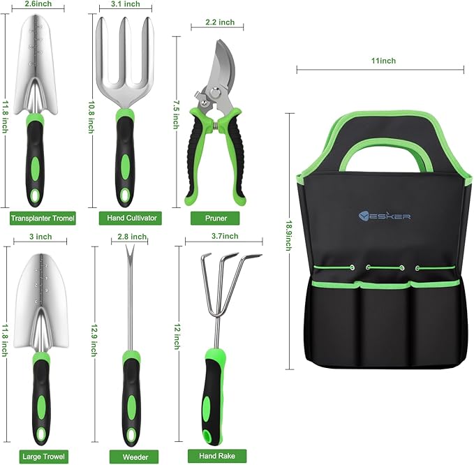 Yesker Gardening Tools 7-Piece Heavy Duty Garden Tool Set Gardening Supplies Gifts for Women Men Gardening Hand Tool Kit with Non-Slip Ergonomic Handle Durable Garden Bag Pruning Shears Black Green