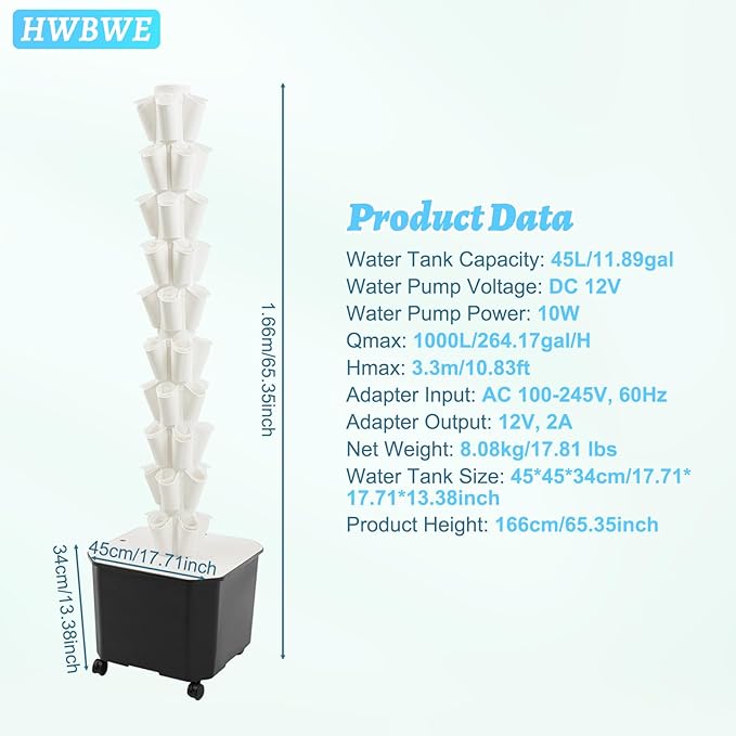 50 Pots Hydroponics Tower 8 Tiers Hydroponics Growing System Tower Vertical Tower Planter Pump Tower with Water Tank Irrigation Pump and Movable Water Tank for Hydroponic Gardening Lovers (White)