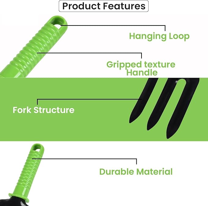 RK_Enterprises 6 Pcs Garden Tools Set (Hand Fork Trowel 3 Tooth Rake Cultivator 2 Shovel and Two Head Hoe) Terrace Balcony Gardening Accessories Kit for Home Garden Essential Farming