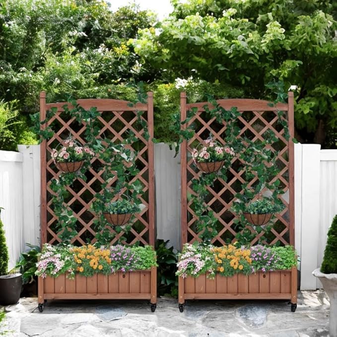 2 Pack Raised Garden Bed with Trellis and Wheels Planter Boxes Outdoor for Climbing Plants Raised Flower Bed with Drainage Raised Beds for Gardening 42.3 Tall (Brown)