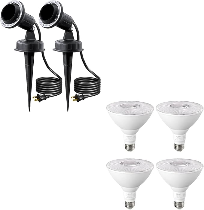 EDISHINE 120V Spotlights Outdoor Plug in Outdoor Flood Stake Lights Waterproof Landscape Lights Socket LED PAR38 Flood Light Bulb 4 Pack Dimmable Light Bulb E26 5000K