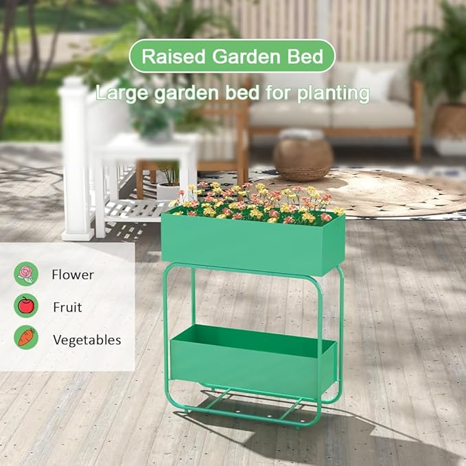 Raised Garden Bed Herb Garden Planter Outdoor - 2 Tier Metal Raised Elevated Garden Bed Planter with Drainage Holes for Patio Lawn Backyard Balcony 24x10x29 Inch Green