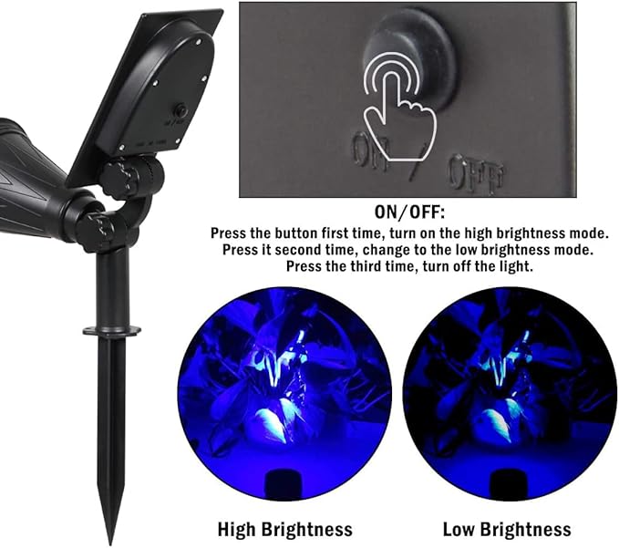 T-SUNUS Blue Solar Spotlights &amp RGB Solar Lights Auto-on/Off Security Landscape Light 180° Angle Adjustable Wall Light for TreePatioYardGardenDrivewayPool Area (4 Pack)