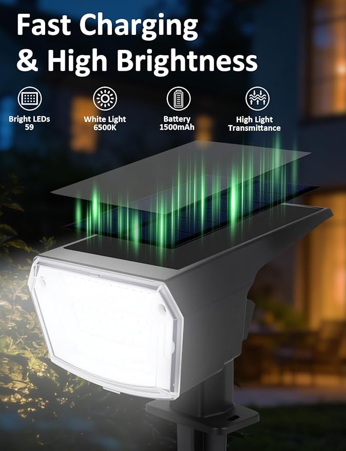 Solar Spot Lights Outdoor 4 Pack Waterproof Solar Powered Garden Lights 59 LED 4 Lighting Modes 6500K White Light 2-in-1 Auto On/Off Wall Light Outside Landscape Lighting for Yard Pathway
