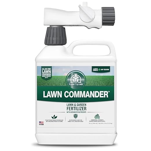 Turf Titan Lawn Commander – All-in-One Lawn Booster and Fertilizer (32 oz) – Peak Growth &amp Green Grass for All Seasons – Tri-Action Nitrogen Tech - Hose End Lawn Sprayer – Covers up to 8000 Sq Ft