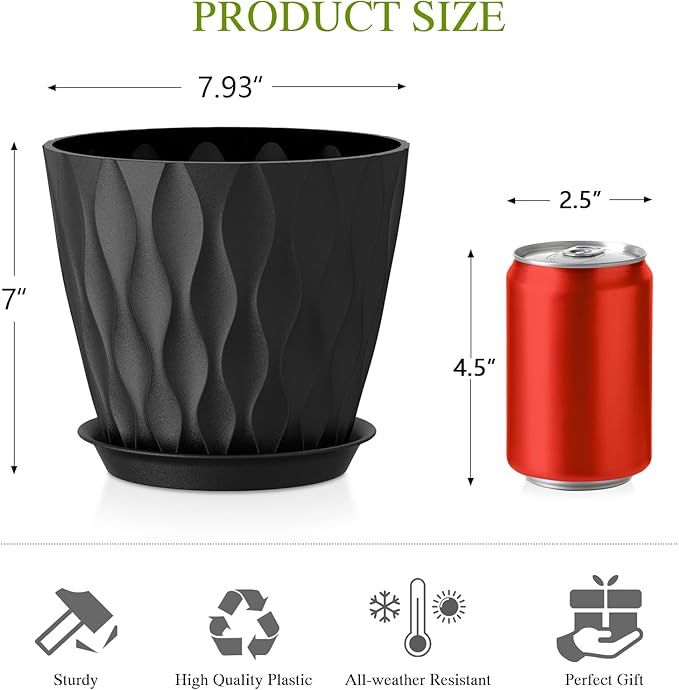 8 Inch Plant Pots with Saucers (4 Pack) - Modern Ribbed Flower Pots for Indoor Plants - Sturdy Decorative Planters for Snake Plant &amp Flowers - Drainage Holes (4 Black)