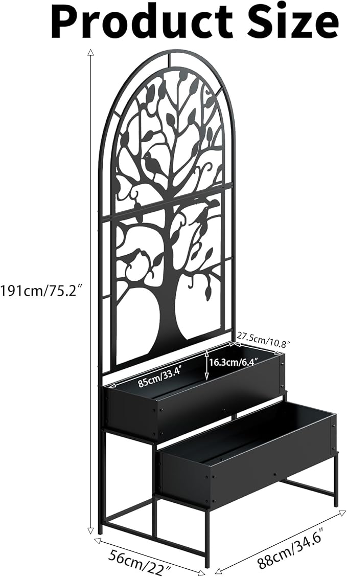 Arched Outdoor Planter Box with Trellis for Climbing Plants 2 Tiers Metal Privacy Planters for Patio Tall Raised Garden Bed with Legs for Vegetables Fruits Balcony 75.2 x 22 x 34.6 Inch Black