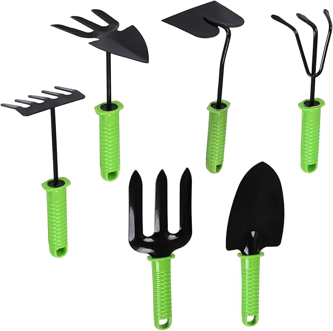 RK_Enterprises 6 Pcs Garden Tools Set (Hand Fork Trowel 3 Tooth Rake Cultivator 2 Shovel and Two Head Hoe) Terrace Balcony Gardening Accessories Kit for Home Garden Essential Farming