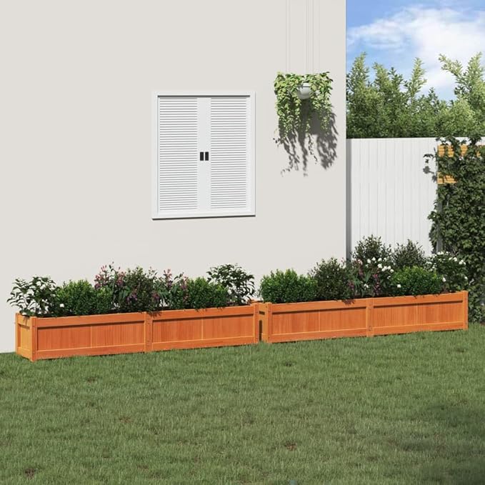 Garden Planter Set of 2 Waxed Brown Solid Pine Wood Large 70.9x70.9x12.2 inch Outdoor Raised Garden Bed for Vegetables Flowers Herbs