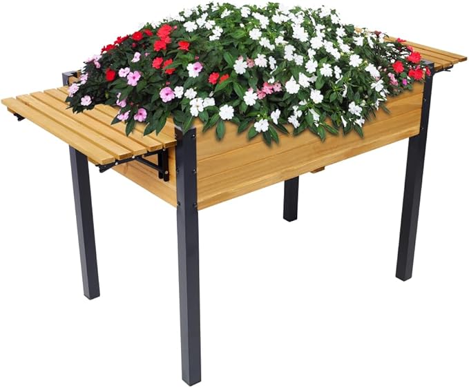 LICOME Wood Raised Planter BoxPlanters for Outdoor PlantsElevated Herbs Vegetables Flowers Great Patio Deck Balcony (Black+Brown + Wood-1)