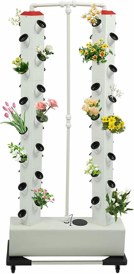 Indoor Hydroponics Growing System Kit - 2-Tier 56-Plant Hydroponic Tower with Breeding Sponges Seed Trays Water Pump for Gardening-
