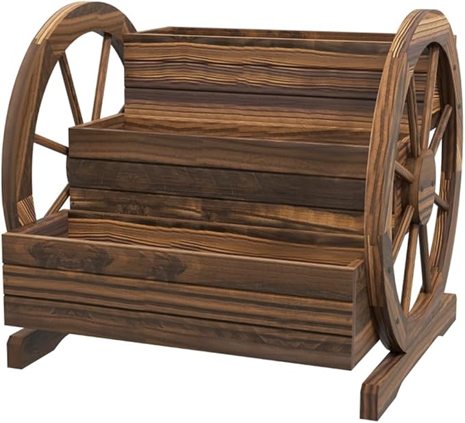 3-Tier Wooden Garden Bed with Wheels – Carbonized Fir Raised Flower Planter for Patio Balcony &amp Yard – Easy Assembly Vintage Style Garden Planter