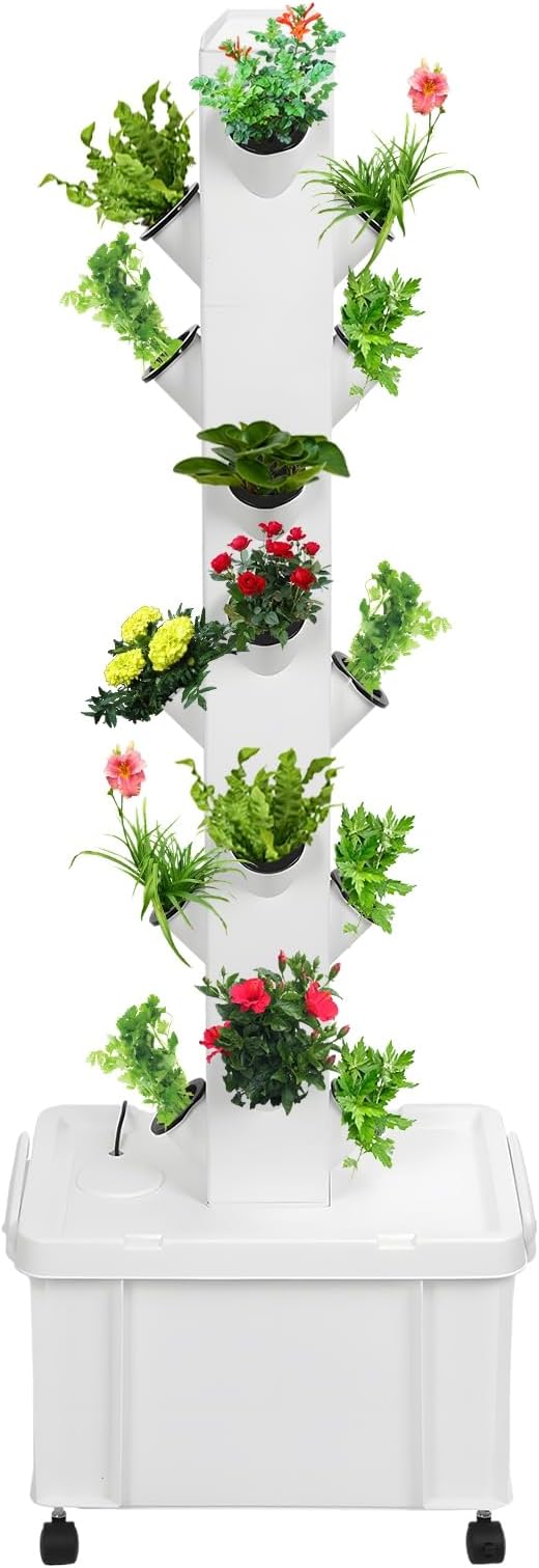 20-Plants Vertical Hydroponic Tower Garden System - Hydroponic Grow Tower Kit with Water Pump &amp Wheels Movable Modular Indoor/Outdoor for Strawberries Tomatoes Lettuce Herbs White 1