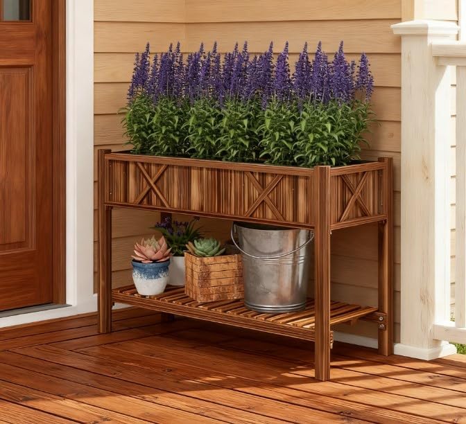 Dual Tier Raised Garden BedElevated Wood Planter Boxwith Storage ShelfDrainage Holesand Liner