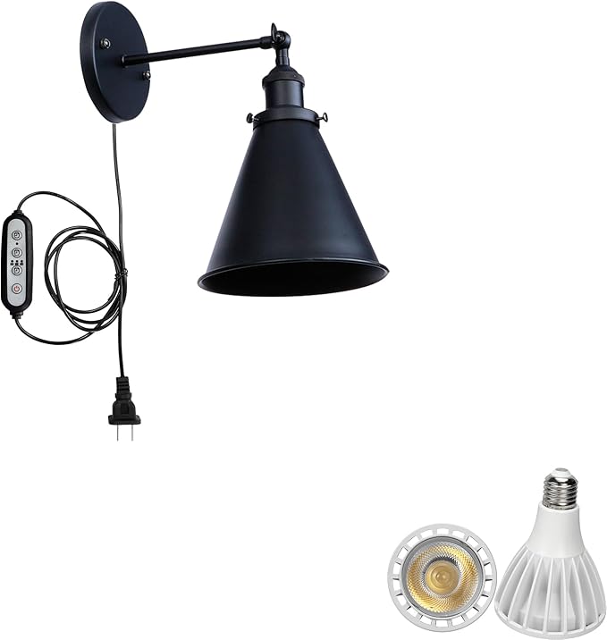 Hook Mounted Plant Light Full Spectrum 6000K 25W White Light Timing Plug in Cord Vintage Black Metal Wall Lamp for Indoor Plants Flowers Growing
