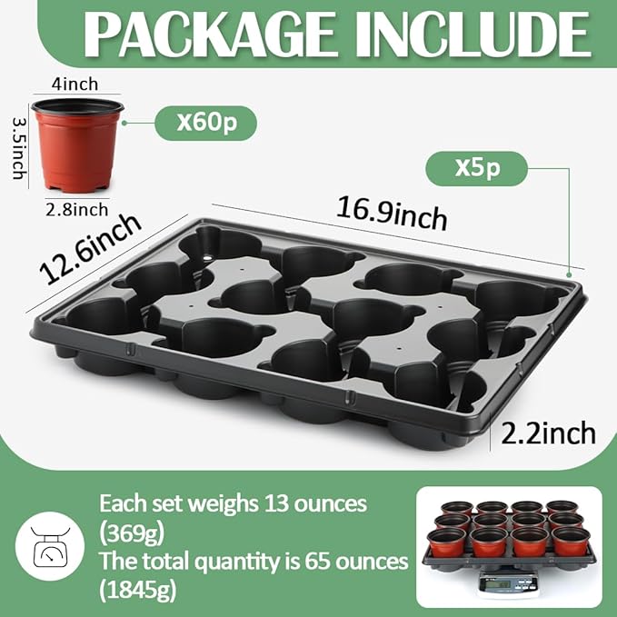 4 inch Round Nursery Pots 60pcs 12 Cell Nursery Pots Trays 5 Pcs Sturdy Seeds Starting Germination Shuttle Carrying Trays Small Planter Nursery Propagation 5 Sets