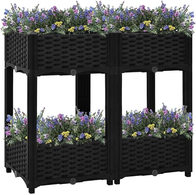 Raised Garden Bed Black 31.5x31.5x28 PP Planter Box Matte Rectangular Planter for Outdoor Easy-Assemble Patio Box for Herbs Flowers Vegetables