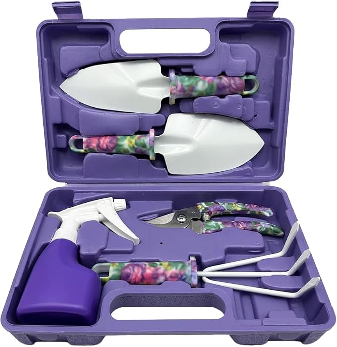 Garden Tool Set Floral Print Stainless Steel Heavy Duty Gardening Tools Trowel Rake Weeder Pruner Shears Sprayer Gloves&ampCarrying Case Ideal Gardening Gifts for Women Father(Purple 5-Piece Set)
