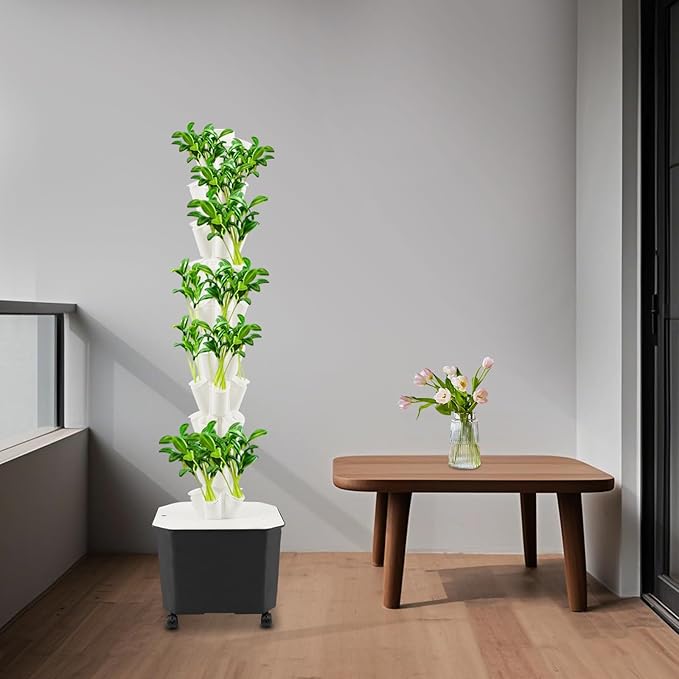 10-Tier 50-Plant Hydroponic Growing Kit Hydroponic Growing Tower Set with Wheels for Outdoor Indoor Vertical Vegetable Plant Tower Self-Watering Garden Planter Tower (White)