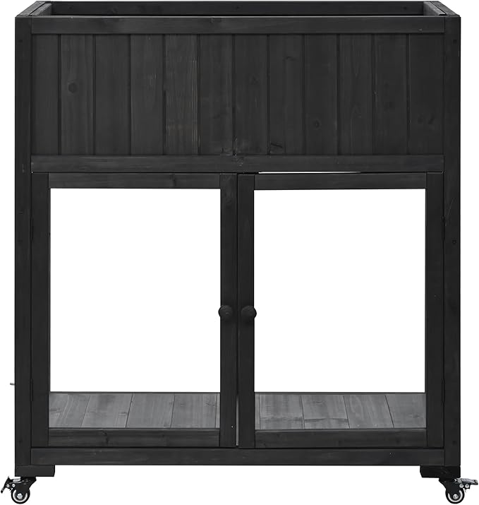 Patio 35.4''x17.7''x37.4'' Wood Cold Frame Compact 2 Doors GGreenhouse with Wheels Raised Bed with Liner for Indoor Outdoor Use Black