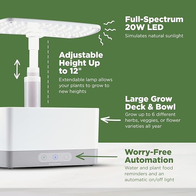 AeroGarden Harvest Indoor Garden Hydroponic System with LED Grow Light and Herb Kit Holds up to 6 Pods White