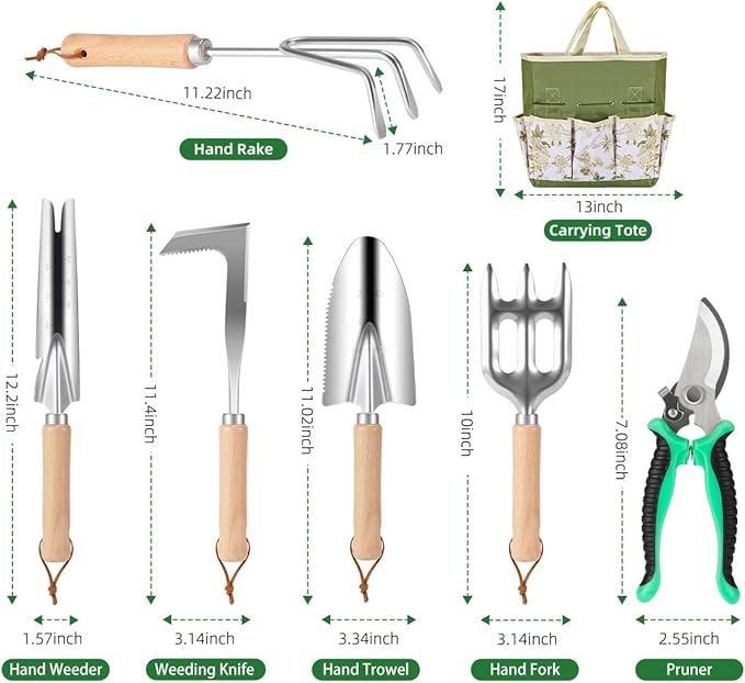 9-Piece Premium Gardening Tool Set for Women - Heavy Duty Stainless Steel Rust-Proof Tools with Fashion Storage Tote | Perfect Gardening Gifts for Mom Mother's Day Birthday &amp Outdoor (Green)