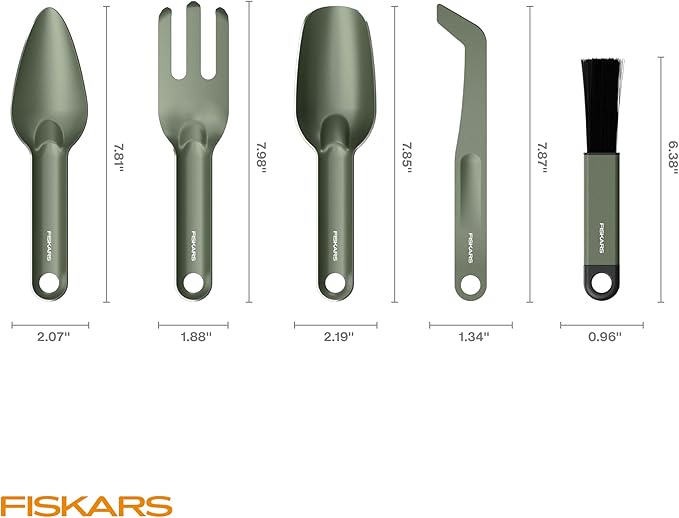 Fiskars 5-Piece Cultivating Tool Set Nesting Trowel Soil Scoop Cultivator Tongs &amp Brush for Indoor Gardening Stainless Steel with Powder Coat Finish Space Saving Design Black