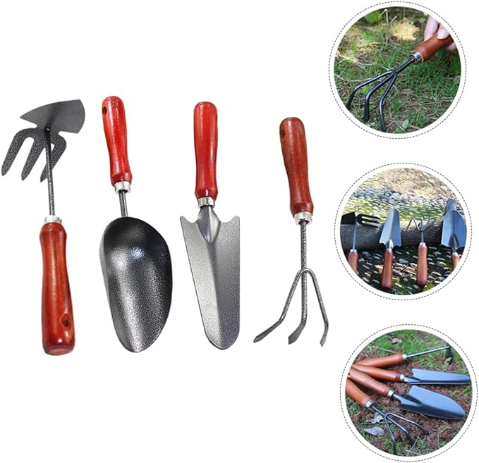 HEMOTON 4pcs Garden Tool Set with Mini Narrow Spade Three-Prong Rake Dual-use Hoe and Soil Scoop Small Handheld Shovels for Planting and Digging in Flower Pots and Vegetable Gardens