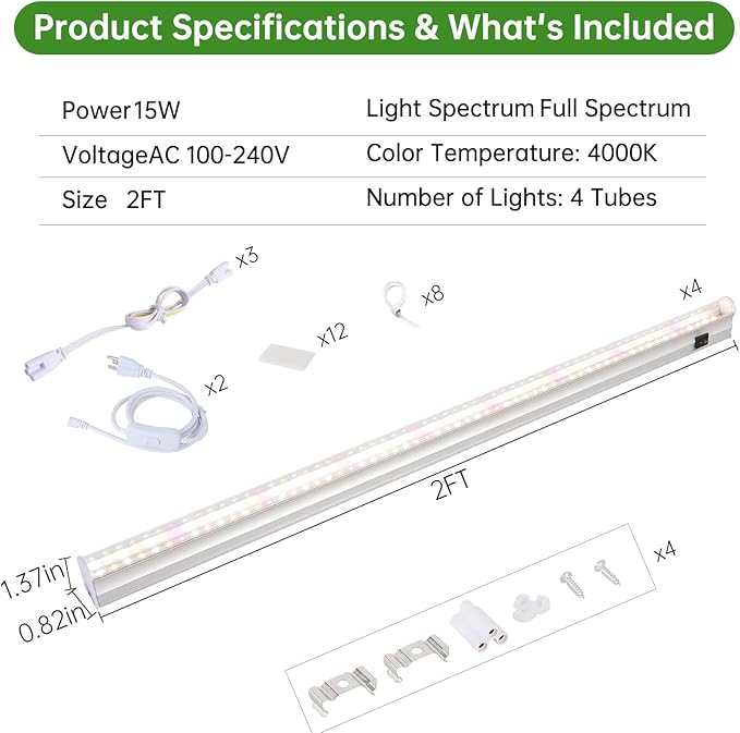 T5 Grow Lights 2FT 60W (4×15W 500W Equivalent) Full Spectrum Grow Lights for Indoor Plants 4000K Plug and Play Easy to Install for Greenhouse &amp Plant Shelves (4 Pack)
