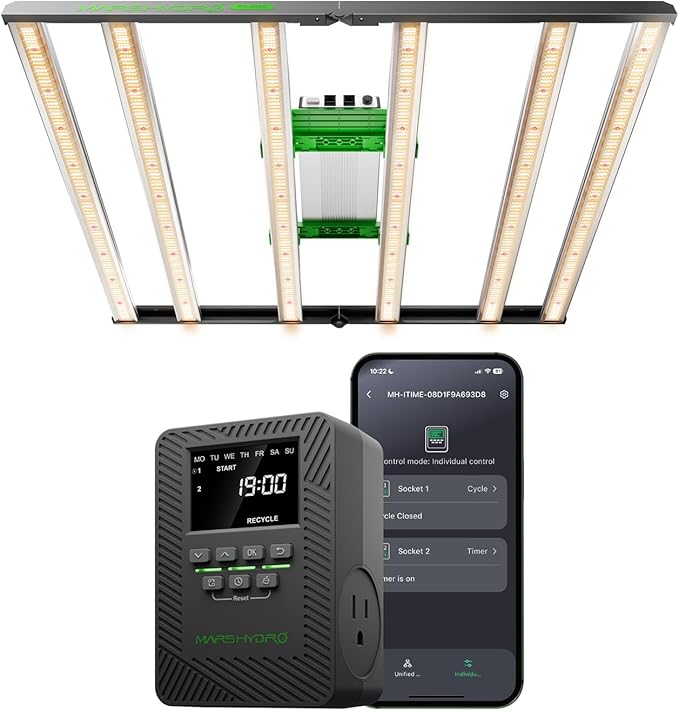 MARS HYDRO FC4800 EVO Bar LED Grow Light 4x4 480W Full-Spectrum and ITime 2-in-1 Smart Timer Outlet Dual Outlet App Control Custom Programmable 12 On/Off for Home Office and Plant Growth Use