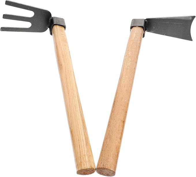 2pcs Garden Tool Set with Wooden Handles – Compact Vegetable Farming Hoe and Household Gardening Rake for Soil Loosening Weeding and Planting in Flower Beds and Vegetable Gardens