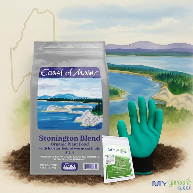 Coast of Maine SP6000 Stonington Plant Food 4 LB – Organic Soil Builder for Vegetables &amp Flowers with My Garden Pool Soil Test Strips &amp Claw Gardening Gloves