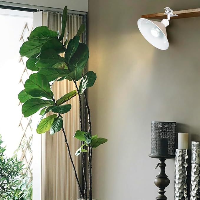 Clip Mount 5.9Ft Plug in Timing Cord Plant Light Full Spectrum White Light White Base Khaki Metal Shade Adjusted Angle Simple Clamp Light for Indoor Plants