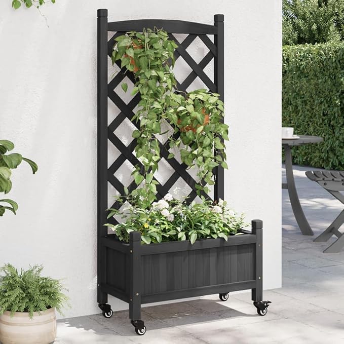 Black Rectangular Raised Planter Box on Wheels with Trellis for Climbing Plants 11.6 x 21.7 x 46.3 in Solid Fir Wood Elevated Garden Bed Outdoor Patio Balcony