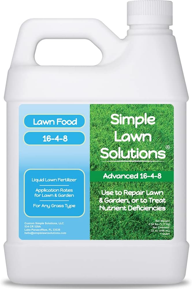 Advanced 16-4-8 Lawn Fertilizer - Liquid Lawn Food Spring &amp Summer Concentrated Spray - Any Grass Type- Fish and Seaweed Kelp- Balanced NPK - Simple Lawn Solutions (1 Quart)